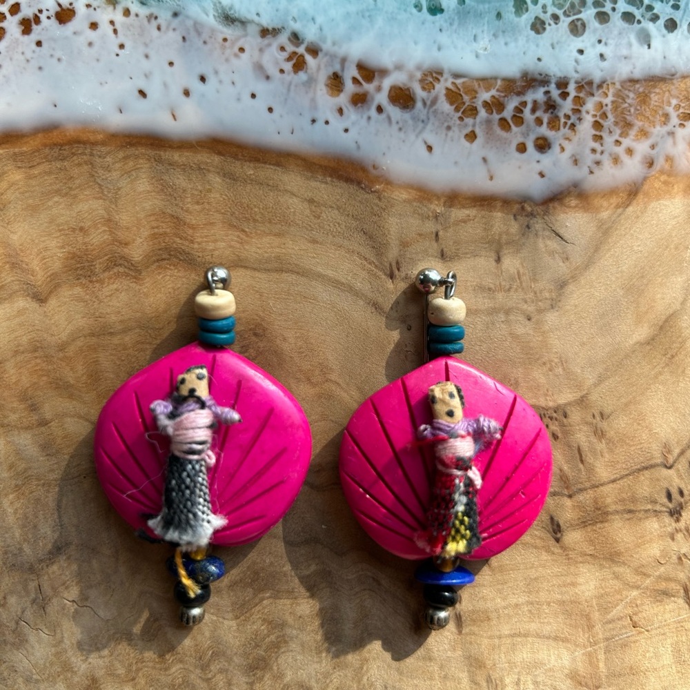 Vintage Guatemalan Worry Doll Statement Earrings – Pink Carved Discs – Handmade